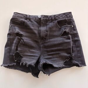Distressed Black Denim Shorts